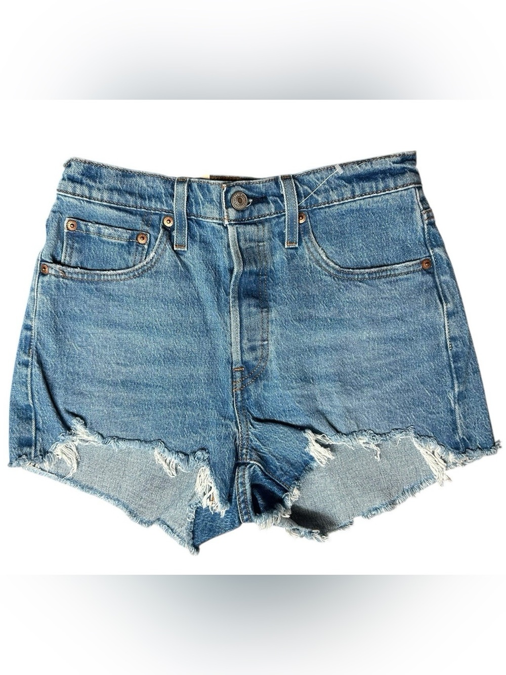 Levis 501 Jean Shorts Womens 27 Button Fly Raw Hem 2" Inseam Denim Distress